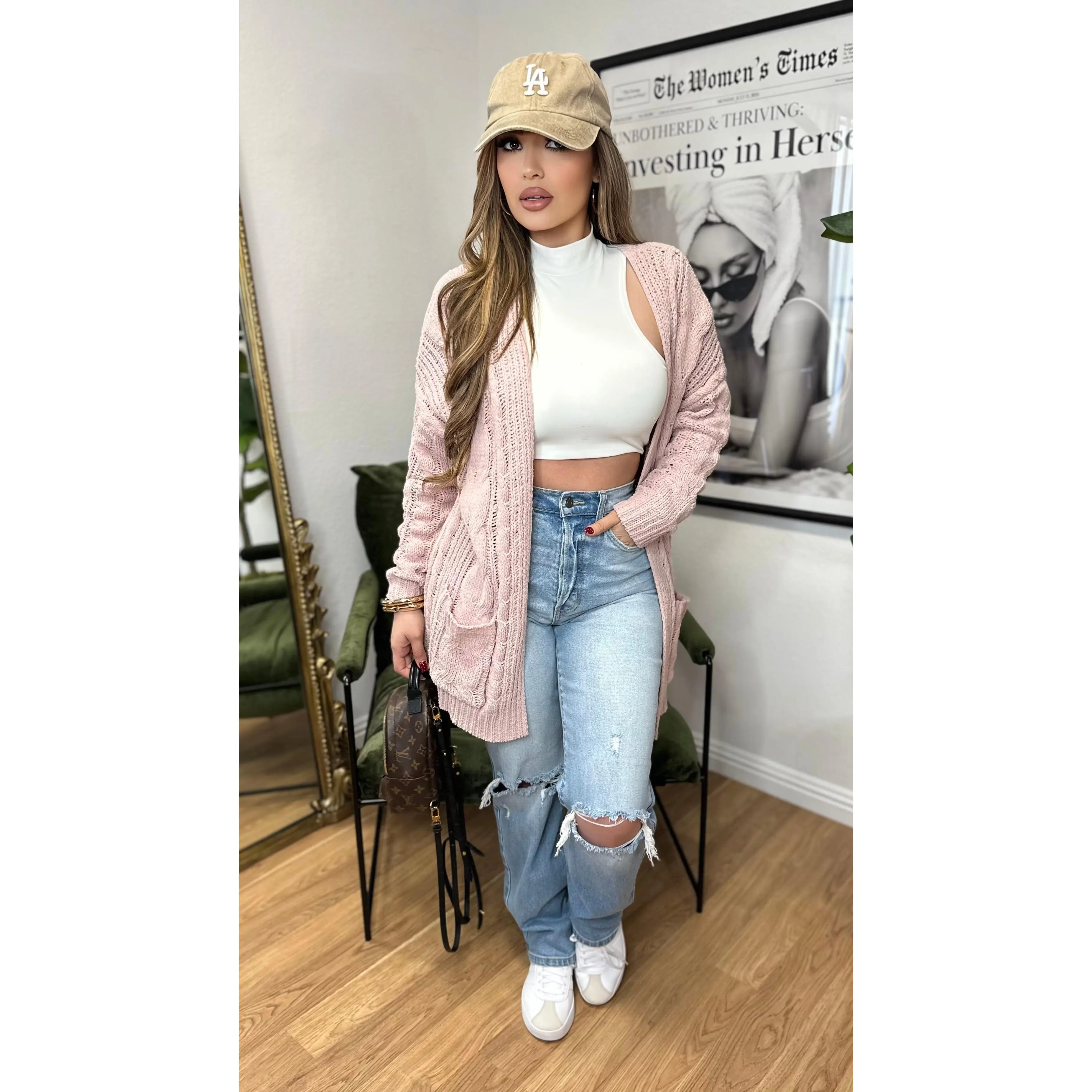 Cozy Cable Knit Cardigan (Light Pink)