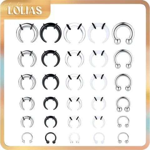 LOLIAS Unisex Hypoallergenic Body Jewelry Kit - 16G-6G (6G=4mm),10G=2.5mm, Internally Threaded Acrylic/SS Pieces, Stainless Steel Spike, Horseshoe Barbells, Septum Jewelry for Nose Piercing, Ear Stretching, Useful Adult Accessories, Party Wear
