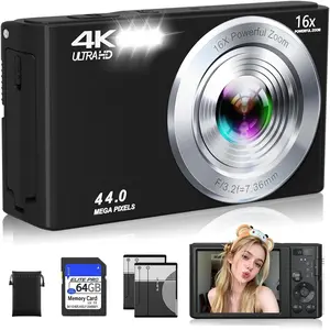 Digital Camera 4K, Autofocus Digital Compact Digital Camera,16X Digital Zoom Upgraded Travel Camera with 64GB SD Card,2 ,Small Camera for Teens  Boys Girls,Black