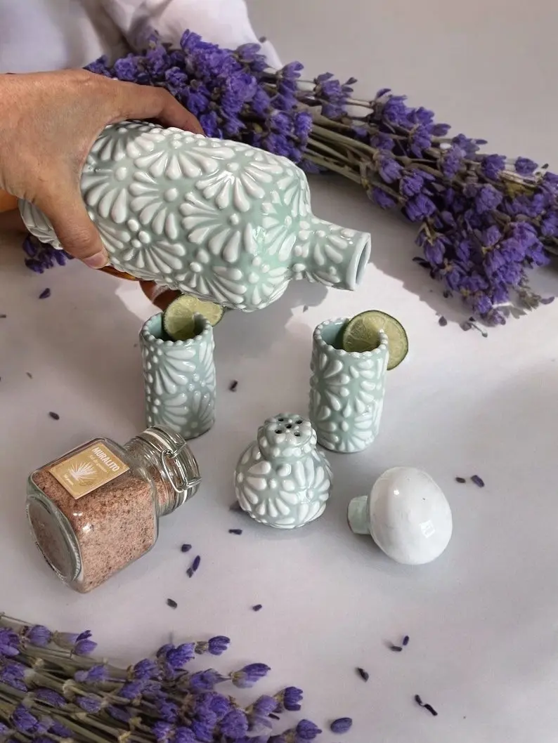 Green Tavalera Pottery Ceramic Set Decanter Dulce Nostalgia Edition Luxury 500 ml, Tequila Bottle Set, Decanter, Pottery Decanter