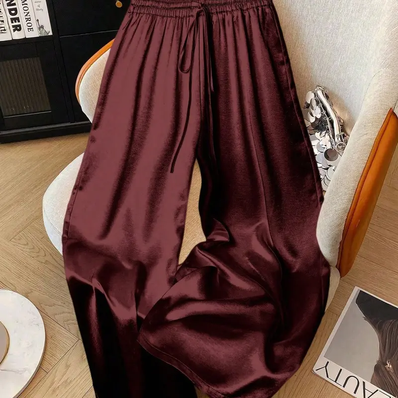 Women's Glitter Satin Wide Leg Pants, Casual Lounge Pant, Casual Comfy Baggy Loose Fit Elastic Waist Drawstring Pockets, All Seasons Fashion for Home Vacation Party Womenswear