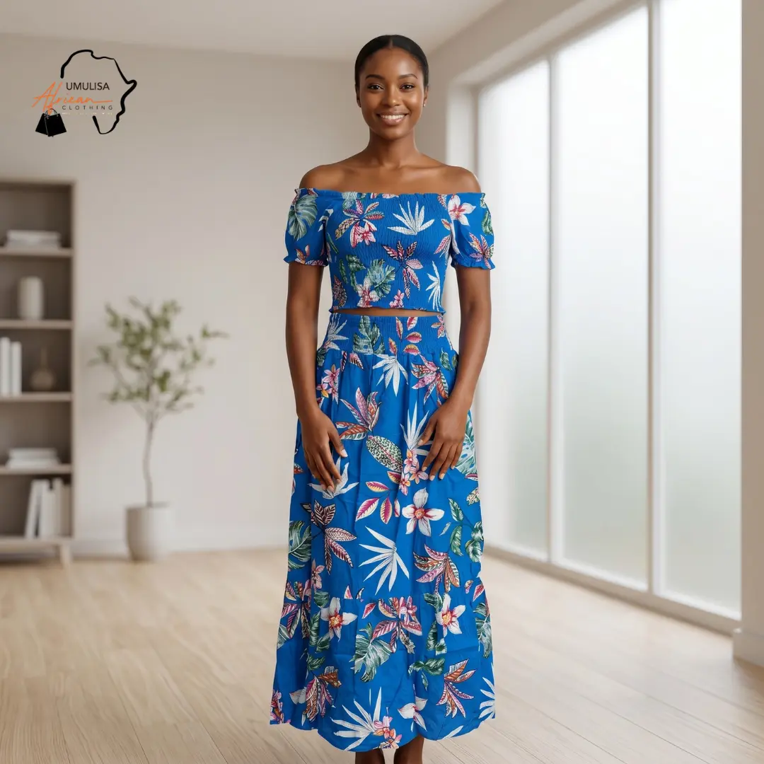 blue floral two piece dress Blue Floral Two Piece Skirt Set Women, Off Shoulder Crop Top and Midi Skirt  Set, Summer Vacation Outfit, Tropical Matching Set