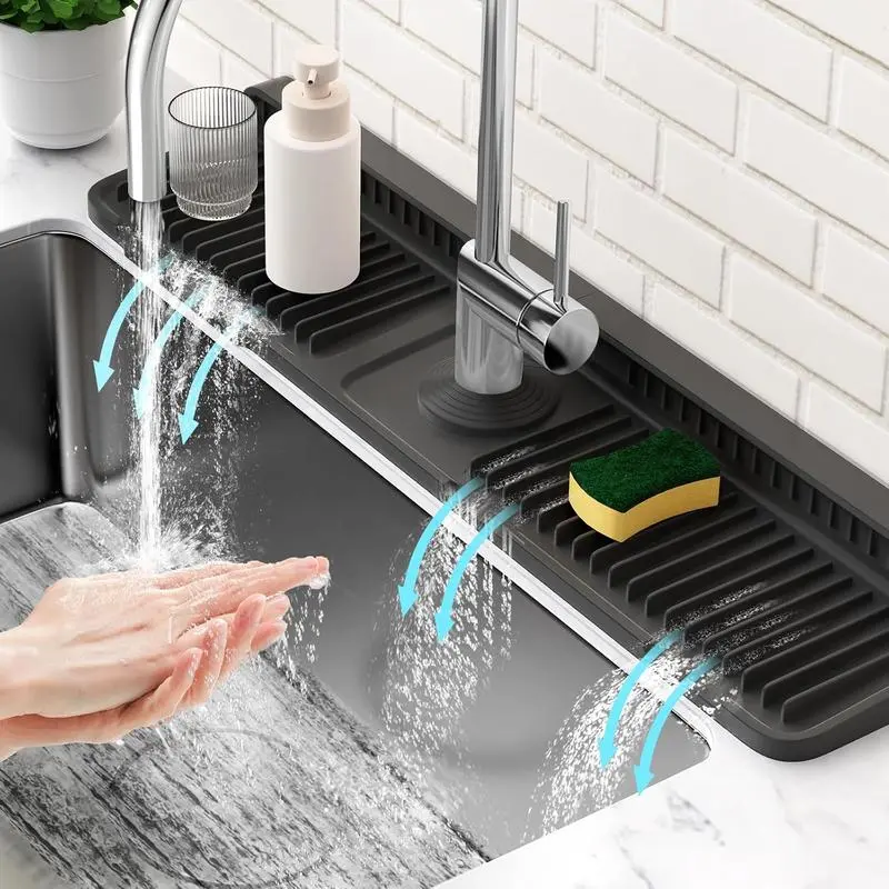 Kitchen Sink Faucet Mat, Silicone Folding Splash Guard, Draining Mat with Button Lock, Sink Faucet Protector, Sink Accessories for Kitchen