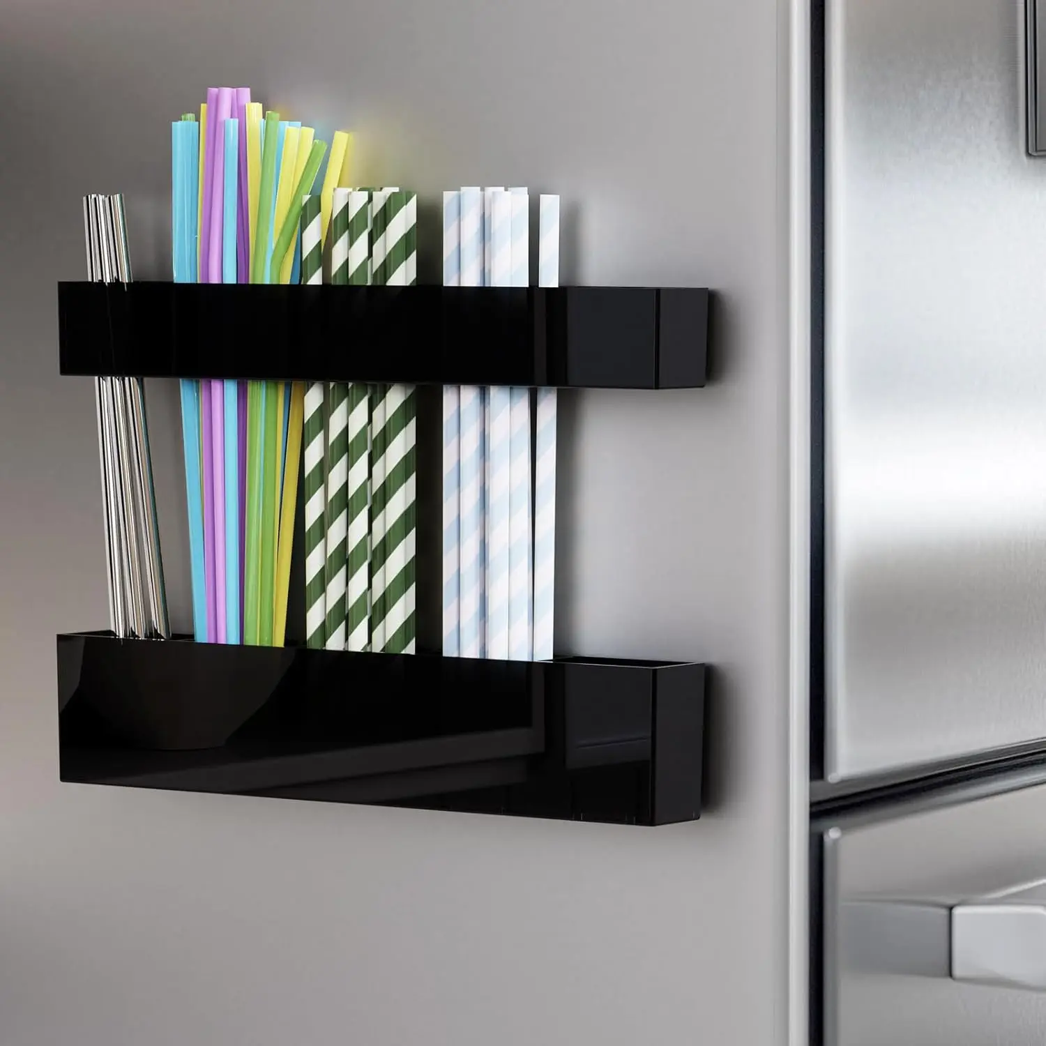 Magnetic Refrigerator Straw Holder, 5 Slot Acrylic Organizer for Metal, Glass & Silicone Straws, Adhesive-Free Kitchen Storage Rack, Black