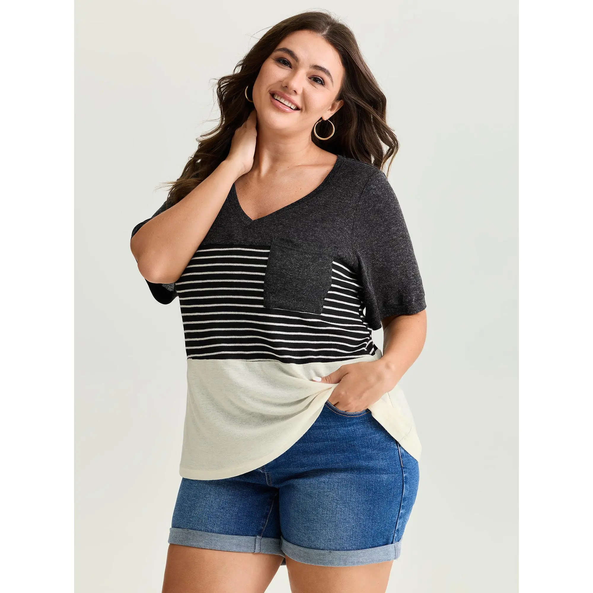 BloomChic Women's Plus Size Casual Striped and Colorblock V-Neck Tee - Supersoft Acrylic Nylon Short Sleeve Leisure Garment, Fabric, Fit, Pocket, Polyester, Short Sleeves, Colorblock Look, Low Iron, Casual Wear, Stripe Print, Supersoft Blend, Flat, Shorts