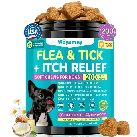 Woyamay Dog Flea Tick Repellent & Itch Relief Chewables, 200 Chicken Flavor Soft Chews - Natural Protection, Sensitive Skin Repair, Brewer's Yeast, Neem+Coconut Barrier Daily Supplement with Fish Oil, Chamomile for All Breeds, Universal,back to school