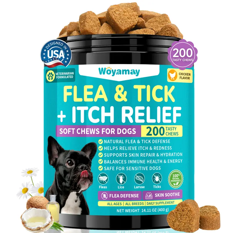 Woyamay Dog Flea Tick Repellent & Itch Relief Chewables, 200 Chicken Flavor Soft Chews - Natural Protection, Sensitive Skin Repair, Brewer's Yeast, Neem+Coconut Barrier Daily Supplement with Fish Oil, Chamomile for All Breeds, Universal,back to school