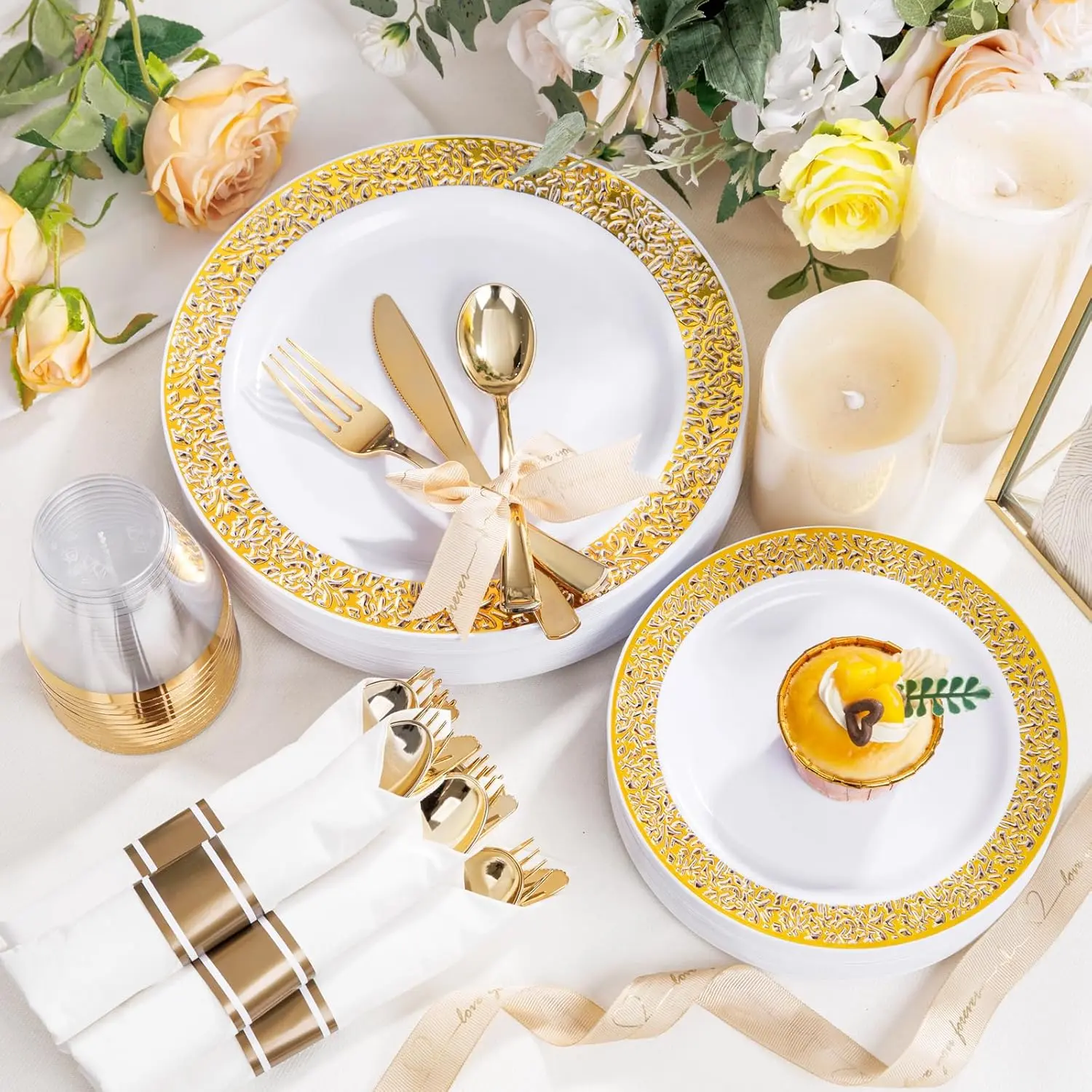 50 Guests Dinnerware Sets, Gold Plastic Plates，Include:50 Dinner Plates, 50Dessert Plate, 150Pcs Gold Plastic Silverware, 50Cups for Party