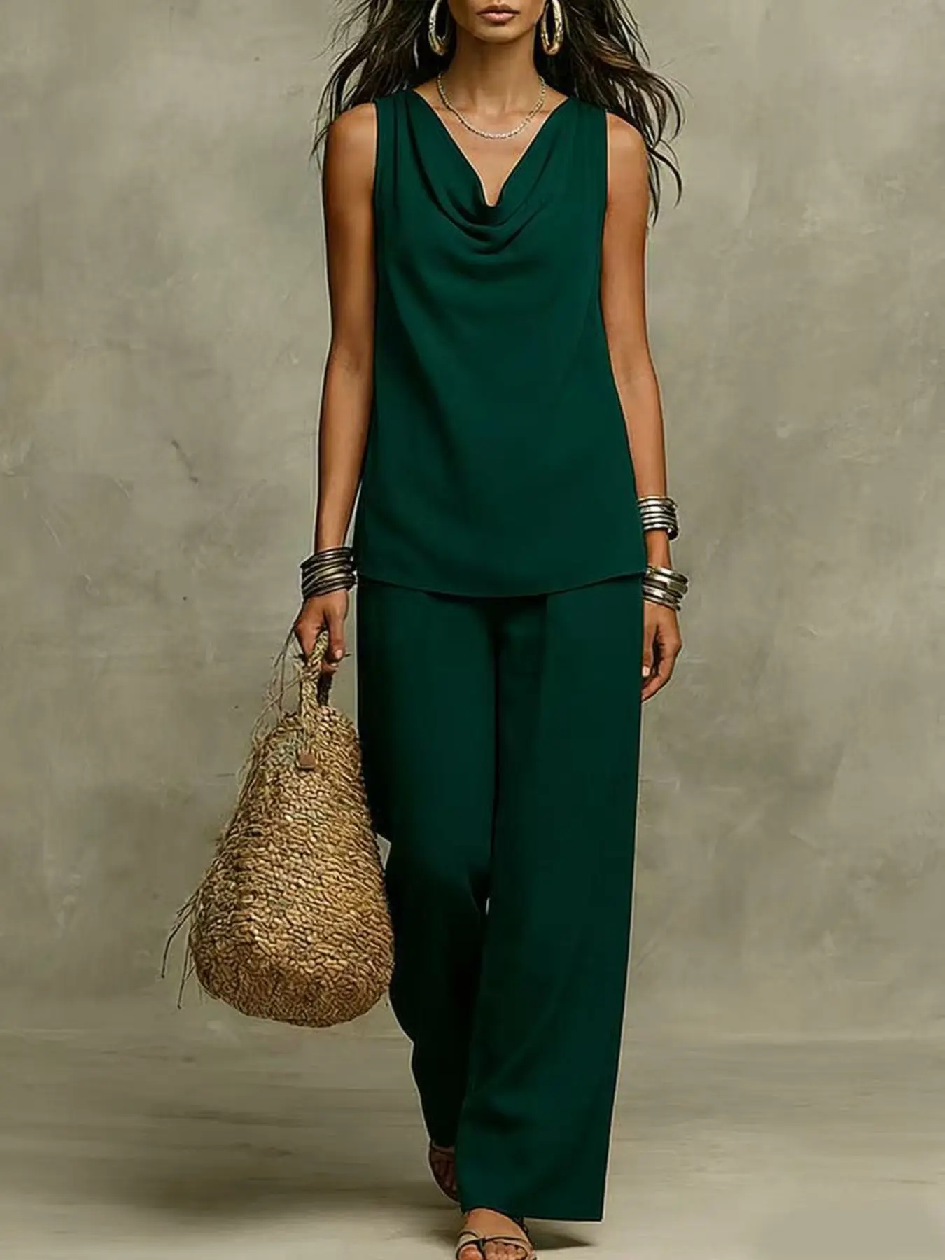 2026 Summer Sets Casual New Arrival Women's Solid Color Basic Casual, Baggy, V-Neck Sleeveless Lady Top and Bottoms Set, Cross-Border Fashionable Clothing for Ladies