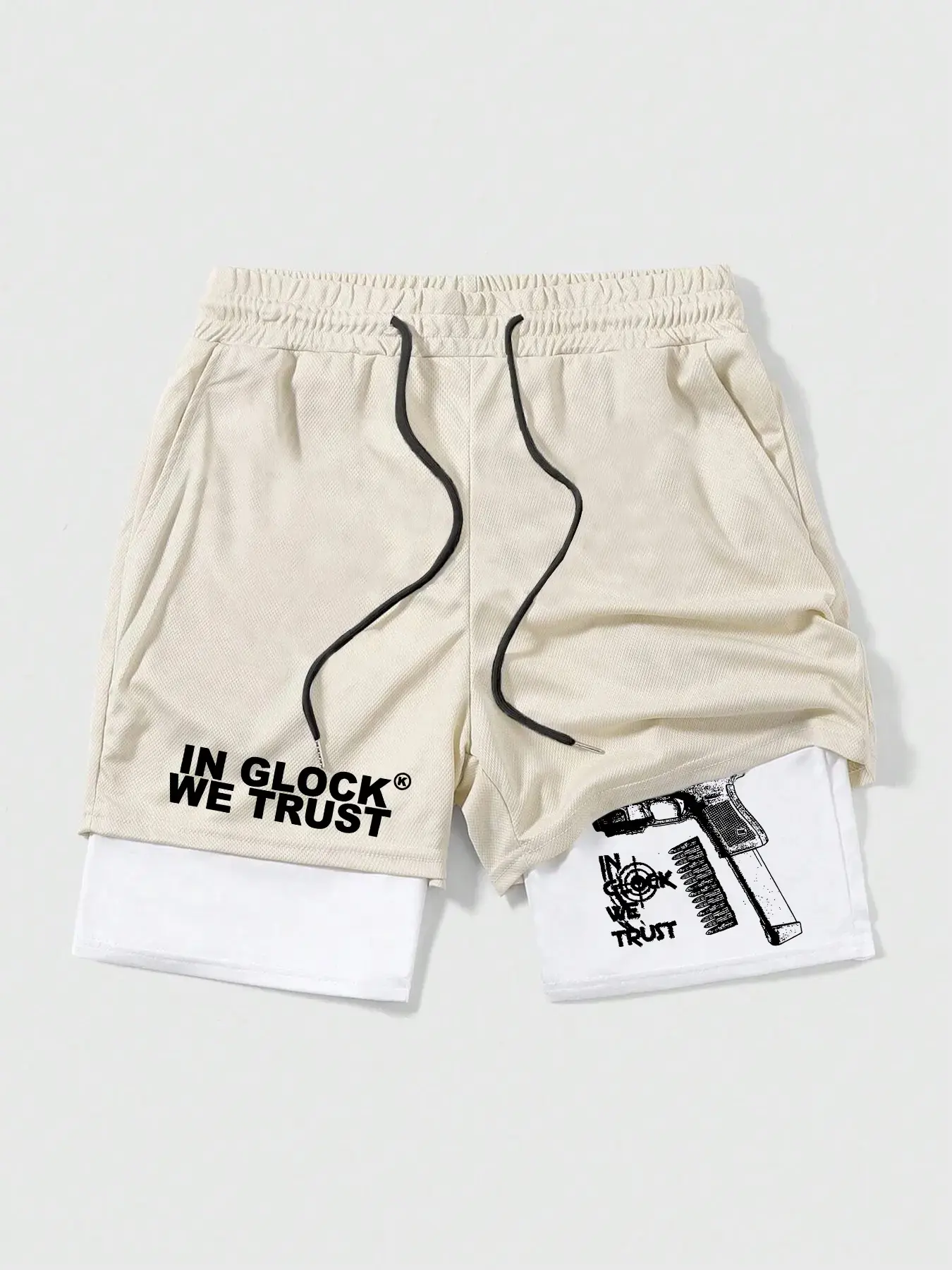 Men's Regular Fit Letter & Gun Graphic Print 2 in 1 Drawstring Waist Activewear Athletic Shorts, Lightweight Workout Shorts, Casual Pocket Track Shorts for Summer, Lightweight Summer Shorts, Graphic Fitness Shorts