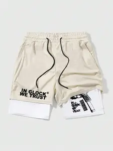Men's Regular Fit Letter & Gun Graphic Print 2 in 1 Drawstring Waist Activewear Athletic Shorts, Athleisure Shorts, Casual Pocket Track Shorts for Summer, Fashion Men's Bottoms for Daily Wear, Lightweight Summer Shorts