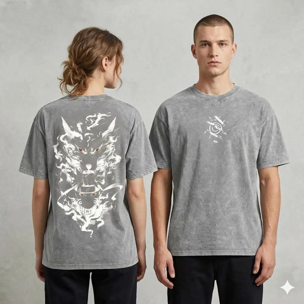 Vintage Acid Wash Nine Tails Naruto Inspired Graphic T-Shirt, Naruto Anime Oversized Streetwear Tee, Retro Kurama Casual Top