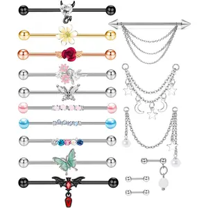 14PCS Industrial Piercing Jewelry Surgical Steel 14G Industrial Earrings Barbell With Chain Moon Cartilage Helix Piercing Earrings Industrial Bar For Women Men