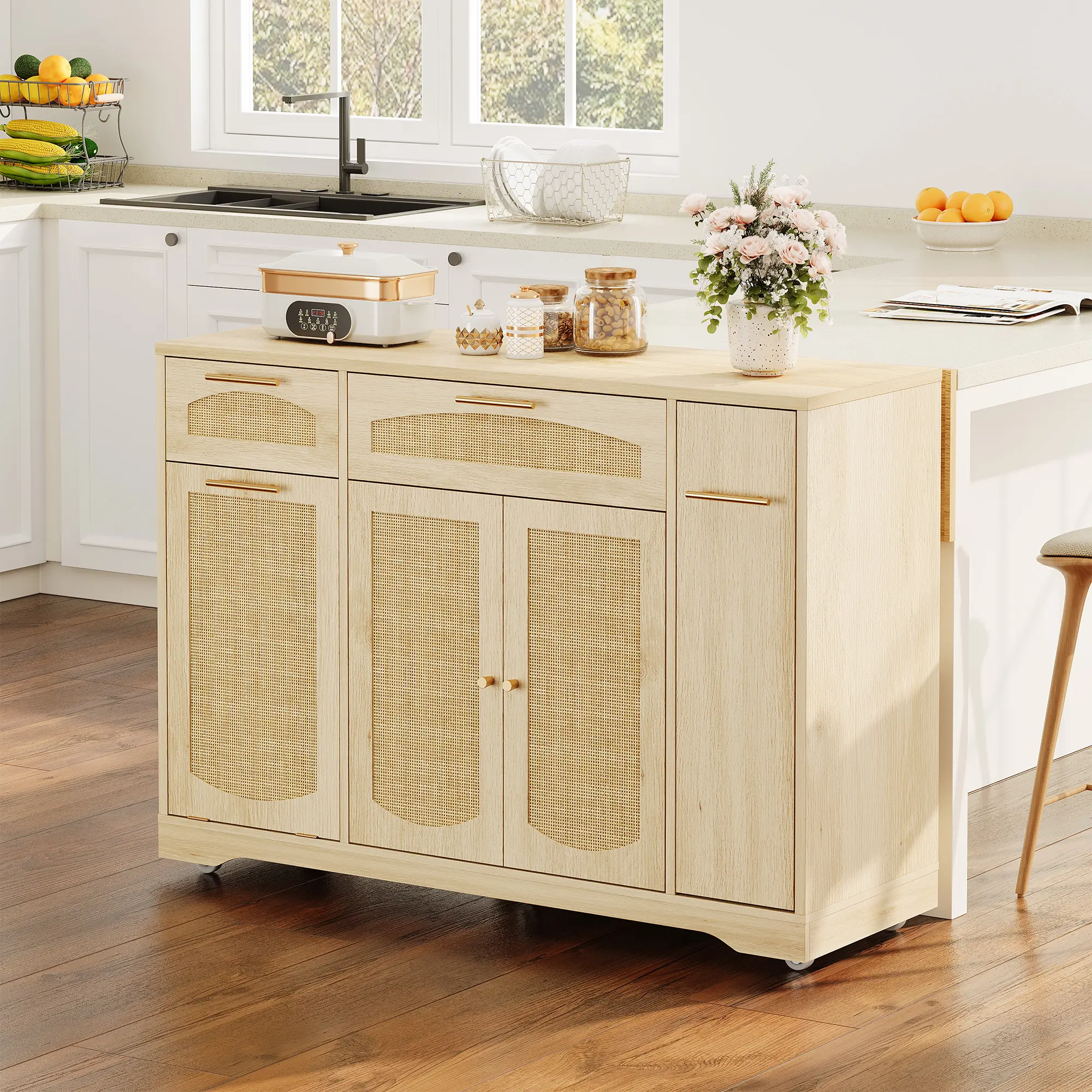 47 Inch Rolling Kitchen Island with Storage, Movable Farmhouse Wooden Cart on Wheels, Drop Leaf and Drawers, Butcher Block Table for Small Spaces, Narrow Portable Kitchen Cart