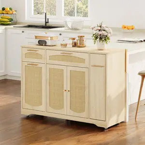 47 Inch Rolling Kitchen Island with Storage, Drop Leaf and Drawers, Farmhouse Wooden Island Table on Wheels, Narrow Wooden Kitchen Cart for Small Spaces