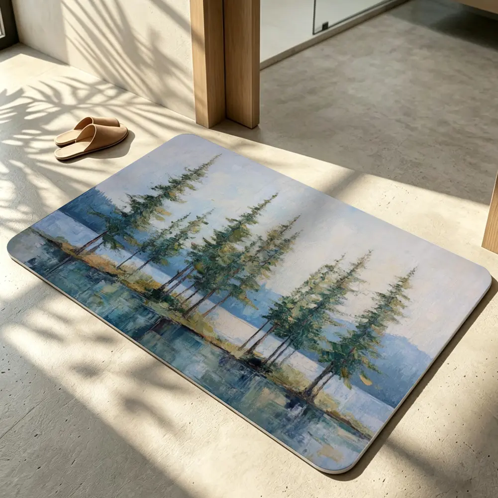 Pine Trees by the Lake Decorative Floor Mat, Blue Green Nature Indoor Area Rug for Bedroom Living Room Home Decor