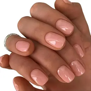 Press On Nails Extra Short Square, Jelly Soft Gel Fake Nails Round Squoval, Natural Nude Pink False Nails Tip, Acrylic Pure Glossy Stick on Nail