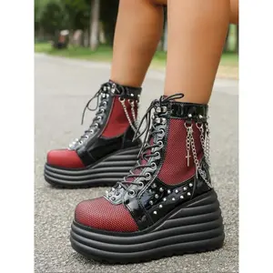 Women's Punk Wedge Boots, Gothic Platform Shoes with Chain & Rivet Decorations, Lace-Up Design, Casual Fashion Footwear