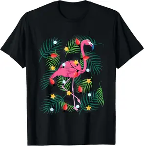 100% Cotton Xmas Lights Flamingo Hawaii Funny Tropical Christmas In July T-Shirt