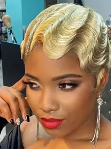 Pixie Cut Finger Wave Short Bob Wigs For Women Glueless Bob Wig Human Hair Ocean Wavy Wigs Short Indian Human Hair Wig