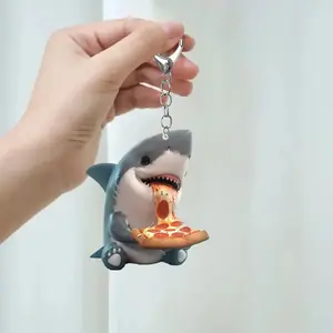 Cute Shark Design Car Keychain, Cartoon Pizza Shark Design Acrylic Car Keychain, Car Interior Decoration Accessories for Women & Men, Keychain Kawaii, Trendy Cute Keychain