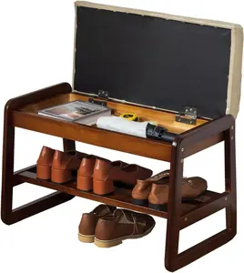 Solid  Bench, Entryway Shoe Bench with Cushion, Flip-Open Storage Compartment, 2-Tier Shoe Organizer(Beige,21.65''L)