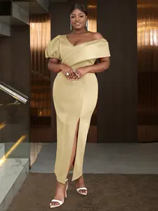 Plus Size Women's Sexy off Shoulder High Slit Bodycon Long Evening Dress, Elegant Party Gown, Summer Fashion
