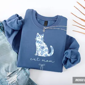 Cat Mom T-Shirt & Sweatshirt — Blue Toile Cat Mom crewneck, Pet Lover pullover, Gift for Mom