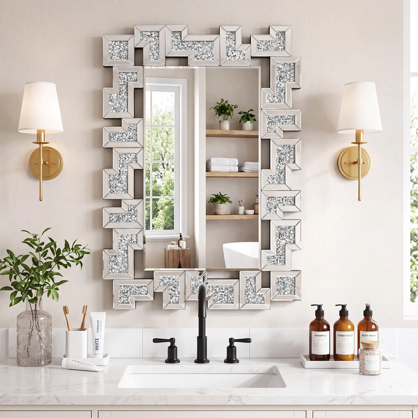 Crushed Diamond Decorative Wall Mirror, 39"×26" Silver Sparkly Geometric Framed Accent Mirror, Large Rectangular Vanity Mirror for Bathroom Living Room Entryway Home Decor