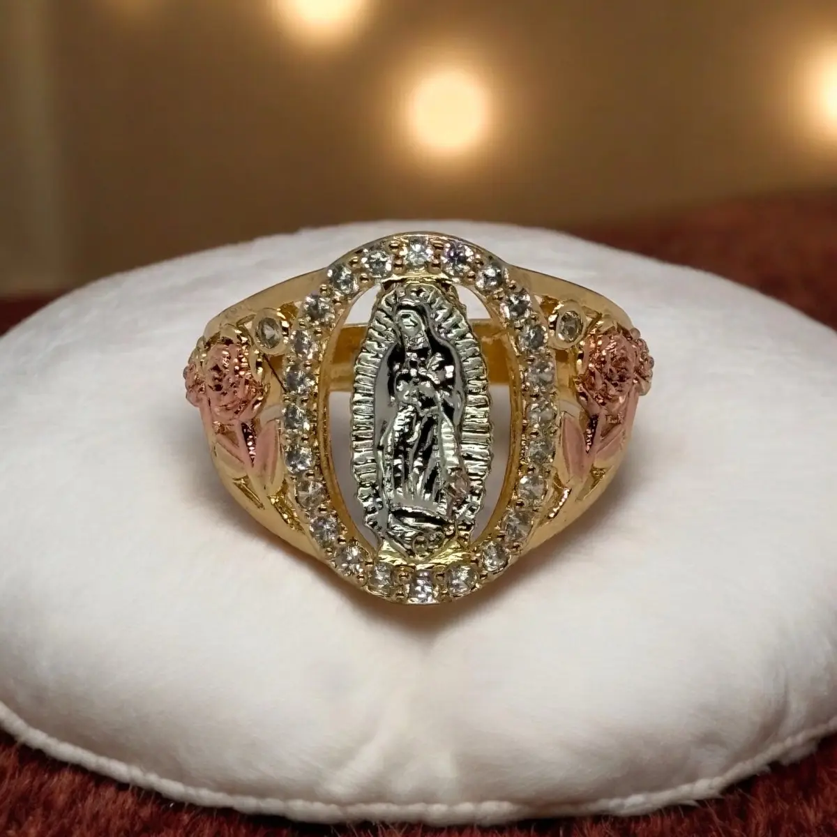 14K Gold Plated Virgen de Guadalupe Tri Gold CZ Ring - Anillo De la Virgen De guadalupe - Gold dipped 14K Ring. Gold Filled layer Rings