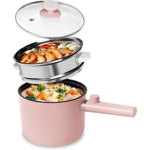 Hot Pot Electric with Steamer, 1.5L Ramen Cooker, Non-Stick Frying Pan, Electric Pot for Pasta, , Electric Cooker with Dual Power Control, Over-Heating & Boil Dry Protection, Pink