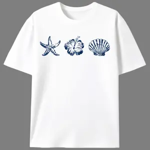 Men's Short-Sleeve Cotton Knit Fabric Print T-Shirt, Starfish Hibiscus Shell Beach Graphic Design, Unisex Coastal Surf Casual Top, Summer Beach Lover Gift