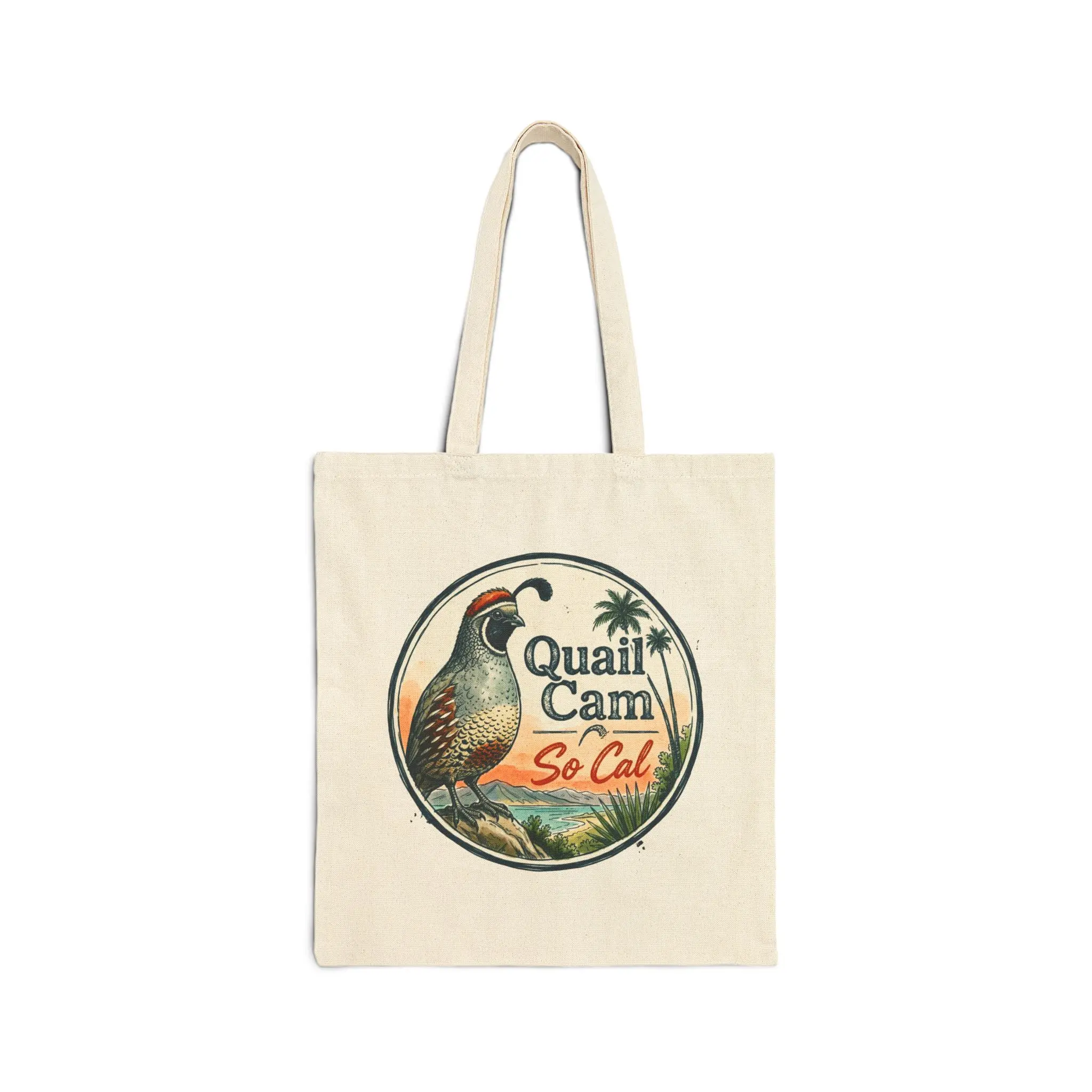 Quail Cam SoCal Tote Bag | Vintage Quail Illustration, California Palm Beach Scene