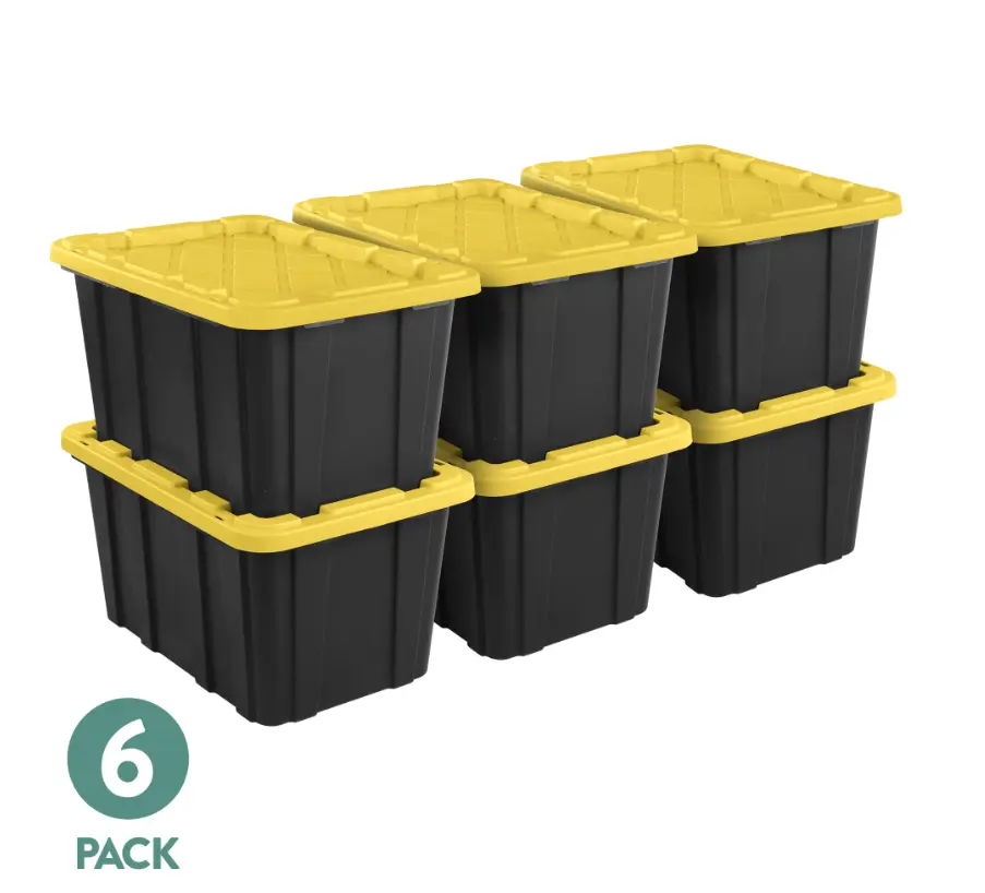 6-Pack 27-Gallon Durable Plastic Storage Bins with Snap-On Lids, Large Black and Yellow Home Organizer Storage Totes for Home Supplies