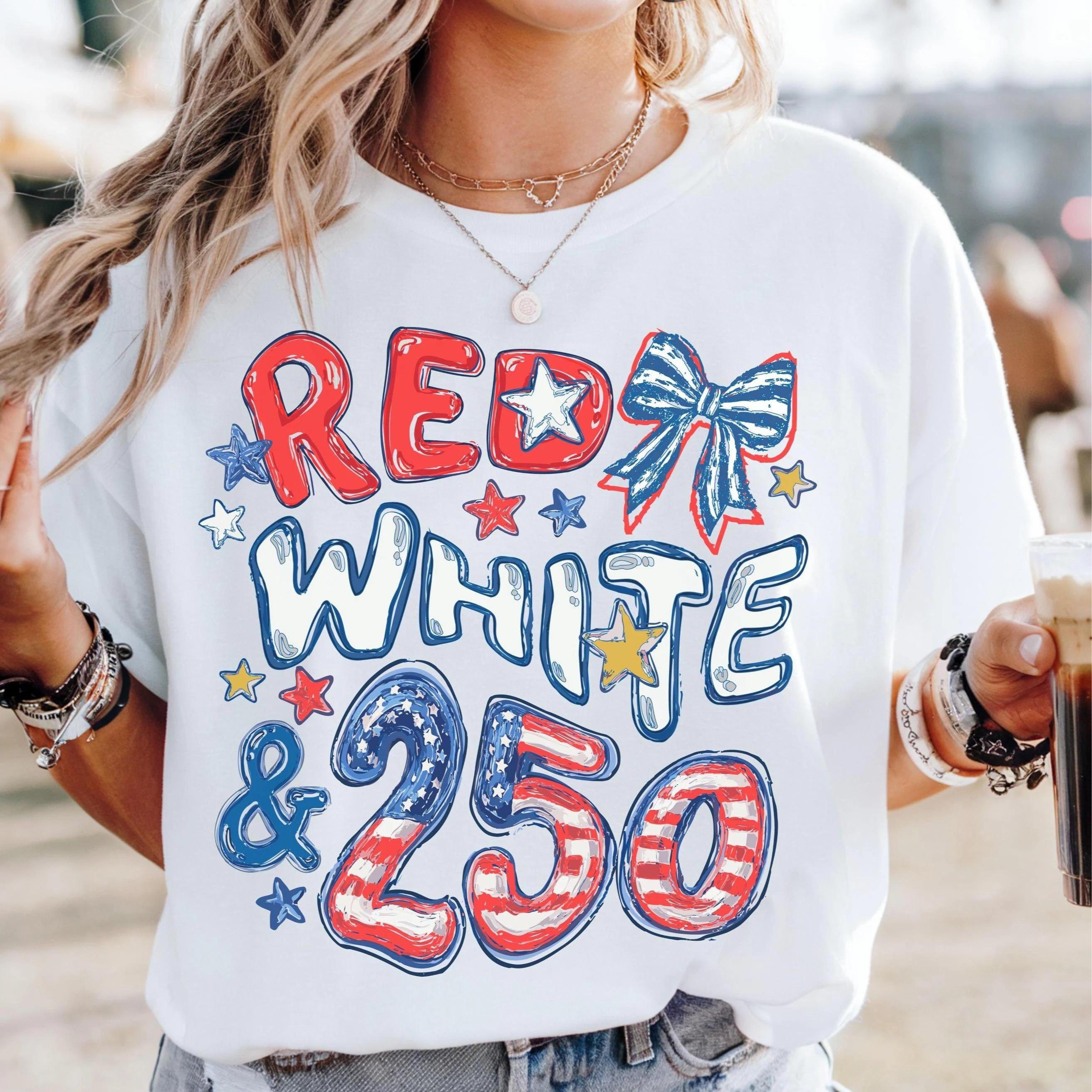 Comfort Colors Red White and 250T-Shirt, 250th Anniversary Graphic Tee, Preppy Patriotic 4th of July T-Shirt, USA America Flag T-Shirt, Retro Independence Day Celebration Apparel for Women & Men