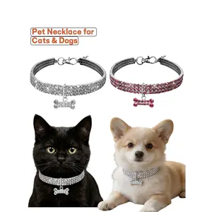 3-Row Stretchy Rhinestone Pet Collar, Bling Crystal Dog Necklace with Bone Charm, Elastic Adjustable Jewelry for Small Dogs & Cats