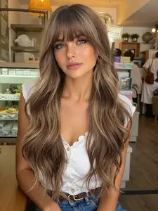 24 Inch Long Wavy Bangs Curly Synthetic Hair Wig, Natural Look, Easy Maintenance, Suitable for All Ages, Synthetic Natural Looking, Elegant Women's Daily Wear, Natural Looking Wigs, Stylist Friendly Wig