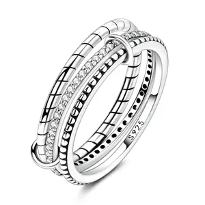 NARMO S925 Silver-Plated Hypoallergenic Triple Interlocking Geometric Zircon Ring - Female Casual Daily Stackable Elegant Costume Jewelry Gift for Sister, Anniversary, Birthday
