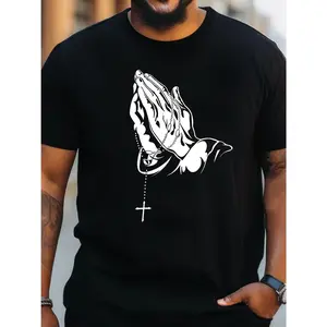 Men's T-shirt retro round neck comfortable loose casual versatile fashion pattern T-shirt - playful design outdoor men's T-shirt, comfortable and breathable, summer men's prayer gesture printed T-shirt, fashionable casual short-sleeved men's T-shirt