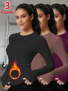 3-Pack Women's Thermal Underwear Tops, Solid Color Classic Crew Neck Long-Sleeve Casual Fitted Base Layers for Autumn & Winter - Ideal as Running, Hiking Activewear, Comfortable Base Layer Tees Suitable for Outdoor Activities