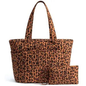 Bagstellar Cotton Tote Bag for Women, Work Tote Bag with Full-closure Zipper ,18L capacity Daily Tote for 14" Laptop,Lightweight Quilted Shoulder Bag Matching cosmetic pouch for Teacher,Nurse,College,Gym,Travel