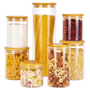 Glass Food Storage Jars, 7 Pack Food Containers with Airtight Bamboo Wooden Lids for Pasta, Cookies, Nuts, Coffee Beans, Cereal, Glass Canisters for Kitchen, Pantry Organization, BPA Free
