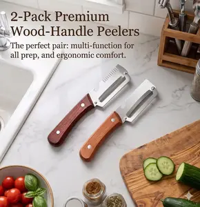 2-Pack Wooden-Handled Vegetable & Fruit Peeler - Stainless Steel Blade with Built-In Bottle Opener, Ergonomic Kitchen Tool，Ergonomic Multi-Functional Kitchen Tool for Potato, Apple & Carrot， Kitchen Accessories