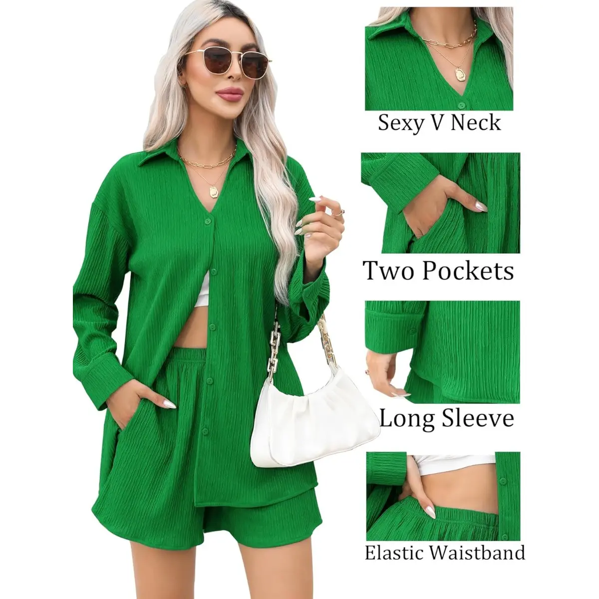 2 Piece Outfit for Women - Long Sleeve Button Down Shirt, Wide Leg Pants & Casual Pleated Loungewear Sweatsuits - Gamis Trouser Clothes Womenswear Basic Fitted Minimalist