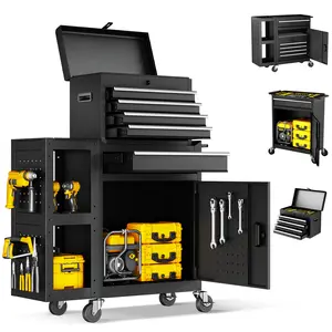 Compact 5-Drawer Rolling Tool Cabinet, Detachable Metal Tool Box with Lock & Brake Wheels, Heavy Duty Small Garage Tool Organizer with Side Hooks, Black