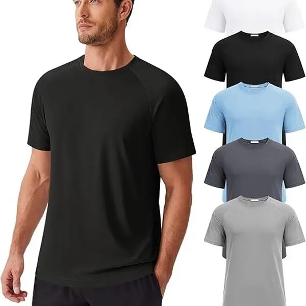 PINSPARK 5 Pack Men's Fitted Round Crew Neck Quick Dry Moisture Wicking Athletic T-Shirts - Athleisure Clothes, Breathable Sports Shirt, Biking Undershirts, Gym Daily Wear, Fitness Streetwear, Avg $10 Per Tee, Summer Father's Day Gifts