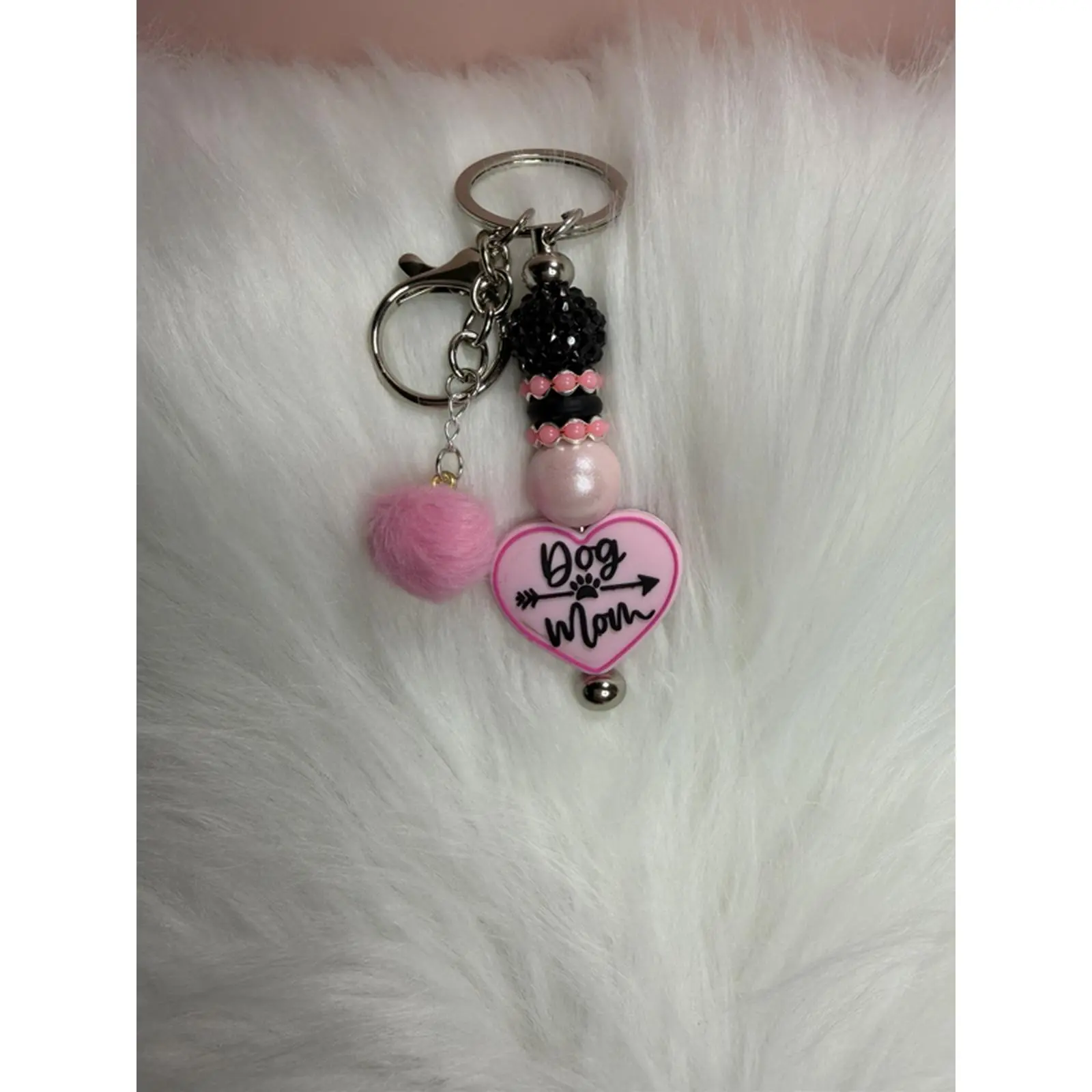 Handmade Bead Charms Keychain with Pink Heart, Picked Flower, Polyester Small Balls - Romantic Fashion Accessory for Dog Lovers