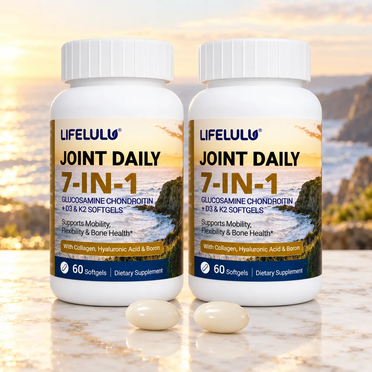 LIFELULU 7-in-1 Joint Support Softgels Chondroitin & Glucosamine Complex - Collagen, Hyaluronic Acid, Vitamins D3, K2, Boron, Sugar Free, Non-GMO, Gluten-Free - Bone Health, Mobility Support for Adults (60 Count)