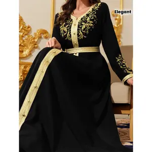 Elegant Ramadan Black And Golden Embroidered V-Neck Waist-Tied Long Dress for Women, Perfect for Muslim Eid Party Celebrations