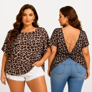 Plus Size Leopard Print Top for Women Loose Fit Short Sleeve Backless Twist Blouse Casual Summer Sexy T Shirt